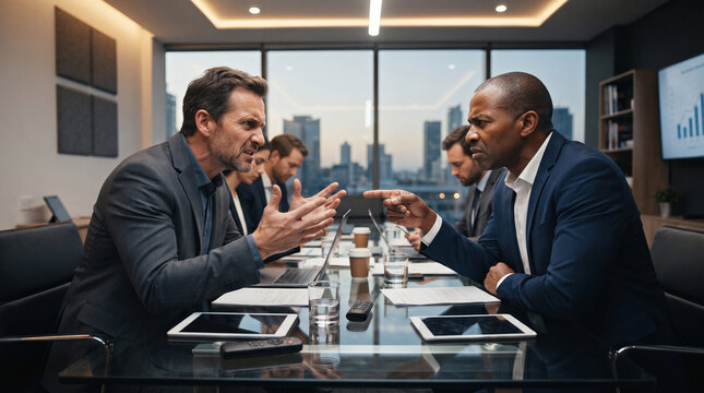 Two businessmen having a heated argument and pointing fingers in a corporate boardroom meeting