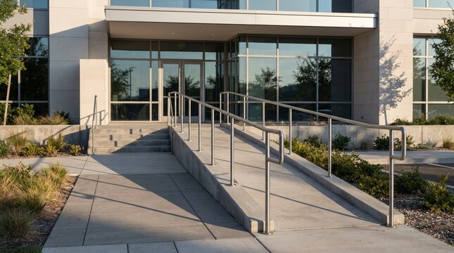 Modern wheelchair ramp entrance at commercial office building, accessible concrete slope with metal handrails, inclusive architecture design