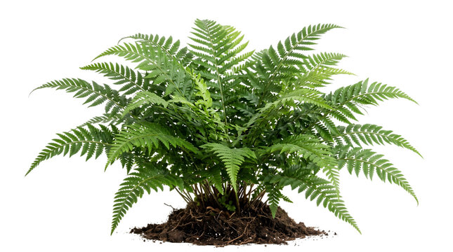 A lush green forest fern plant isolated on a black background presented as a high quality transparent png file