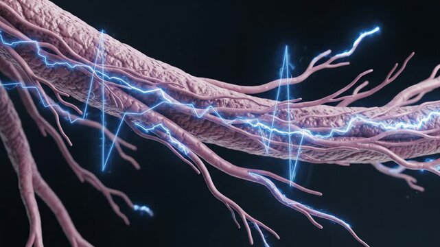 Pain signaling gradually decreasing following pain medication, showing controlled nerve signals traveling through a peripheral nerve becoming less frequent and less intense