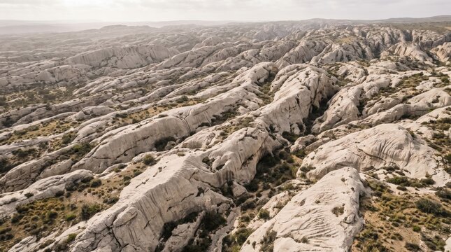 Aerial view of eroded limestone rock formations in a desert landscape