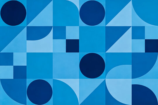 A minimalist abstract design composed of various blue geometric shapes including circles, squares and triangles arranged in a structured pattern.