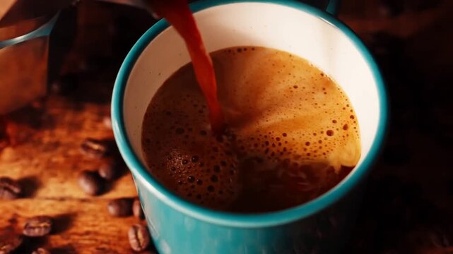 Rich coffee pouring from a classic moka pot in slow motion macro for cafe commercials barista videos and cozy beverage advertising in 4K