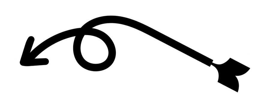 Hand drawn black arrow pointing left with a swirl loop shape