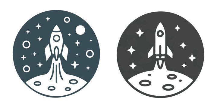 Retro space rocket launch badges with starry galaxy background on gray transparent checkered.