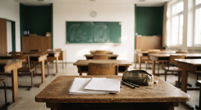 Empty old traditional school classroom with wooden desks and a chalkboard