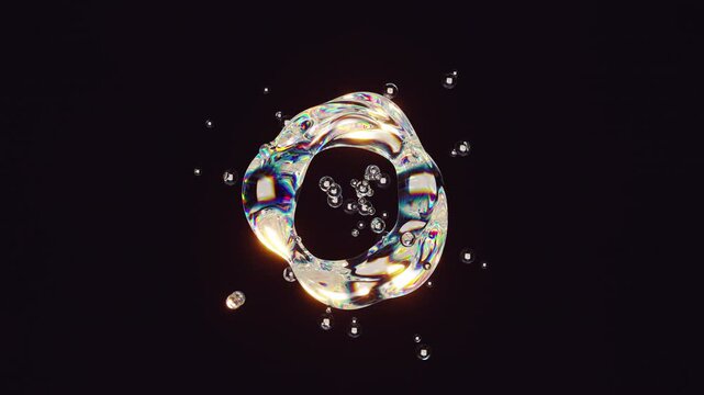 Looping 4K 3D render of transparent liquid metaball with moving ripple surface, bubbles, golden neon glow, rainbow iridescence, refraction and colorful dispersion.