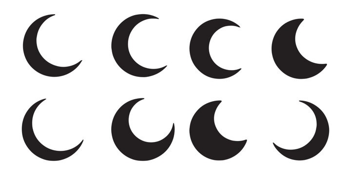 Crescent moon phase collection in black silhouette for astronomy charts and astrological web design.
