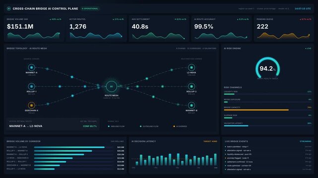 Futuristic 4k cross-chain bridge ai control plane dashboard interface with real time financial data graphs network node connections, for advanced blockchain analytics
