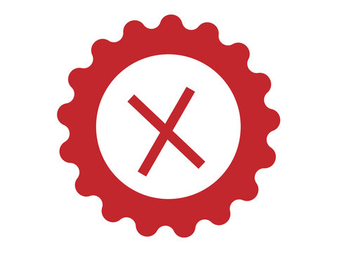 Red badge icon with a cross mark symbol for rejection or incorrect status