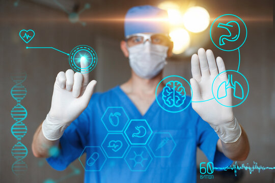 Surgeon using futuristic virtual reality HUD interface with holographic medical icons, organs, heart rate, and DNA graphics in a modern medical technology concept.