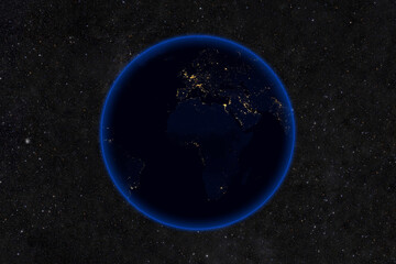 Planet Earth at night from outer space with illuminated city lights over Europe and Africa, glowing blue atmosphere. Elements of this image furnished by NASA © alones