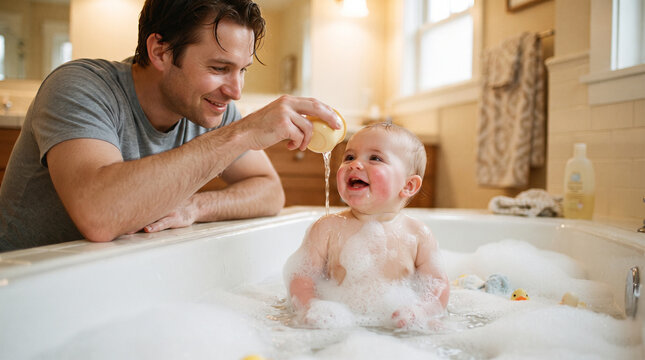 Parent giving a baby a bath with soapy bubbles in a small bathtub