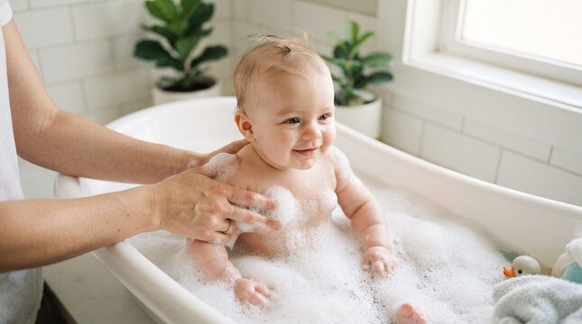 Parent giving a baby a bath with soapy bubbles in a small bathtub