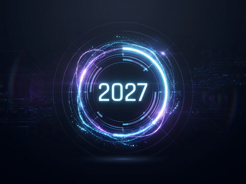 Futuristic Digital Interface Displaying Year 2027 with Glowing Abstract Rings on a Dark Background, Symbolizing Technological Advancement and Future Progress