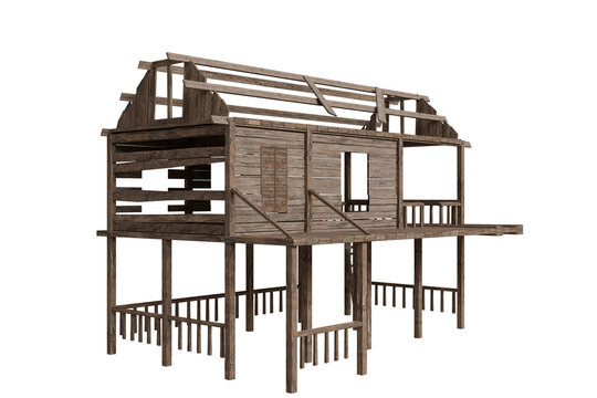 A dilapidated, weathered wooden house, elevated on stilts, stands isolated