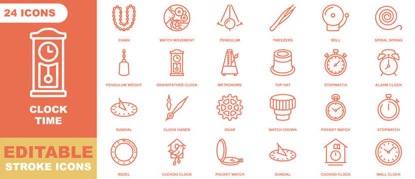 Clock and time sheet with twenty four orange line icons on a white and orange background, displaying various timepieces, and clockmaking tools
