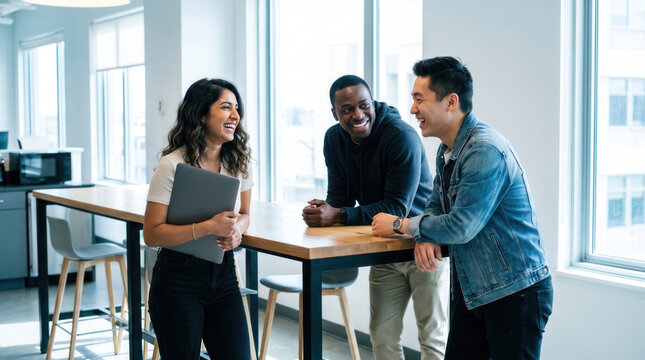 Three young adult coworker laughing together in bright modern office, creating relaxed collaborative workplace conversation and friendly professional connection