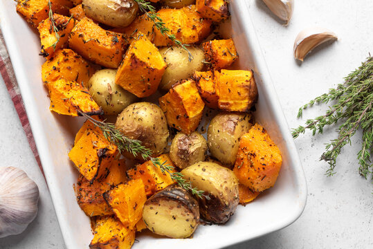 Autumn meal: oven roasted seasonal vegetables with garlic and herbs
