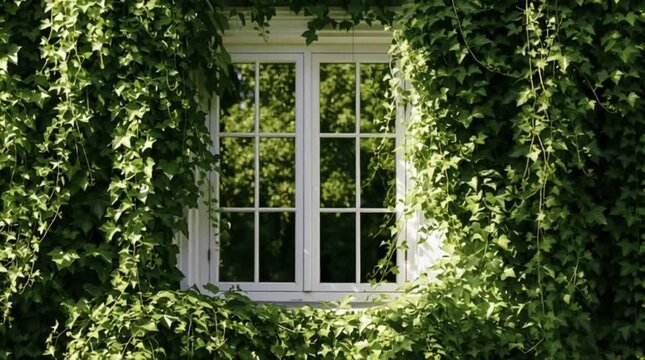 White window frame surrounded by lush green ivy leaves on wall, bright natural daylight
