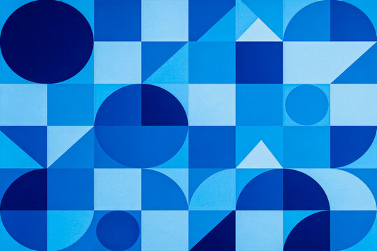 A flat geometric abstract pattern composed of various blue shapes arranged in a grid layout, creating a clean modern graphic design.