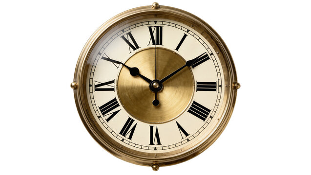 Antique brass clock face with Roman numerals, isolated on transparent background