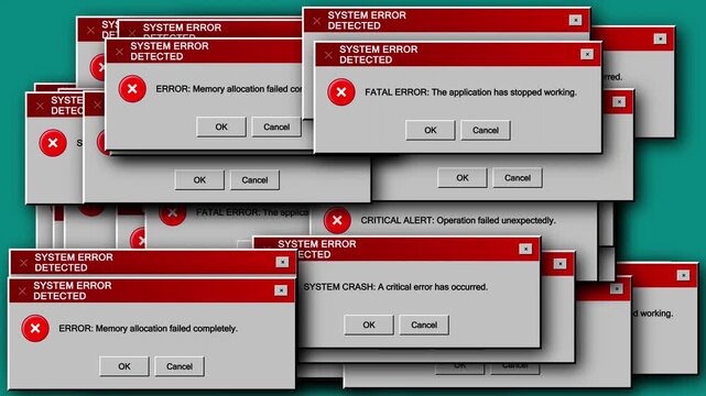 Retro computer system error popup windows on teal background