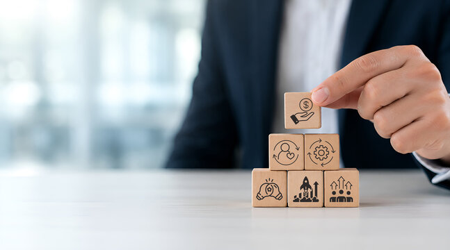 Sustainable Profit Business Strategy. Business professional building sustainable profit through customer loyalty, operational excellence, innovation, employee engagement and long-term business growth.