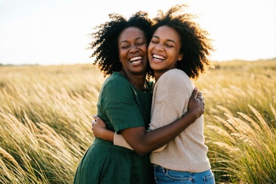 Una madre afroamericana abraza fuertemente a su hija adulta en un campo ba&ntilde;ado por la luz del sol; ambas r&iacute;en con los ojos cerrados