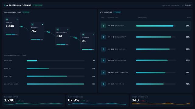 Futuristic ai dashboard for corporate employee career progression talent succession pipeline in 4k resolution, for data analytics, human resources management, strategic