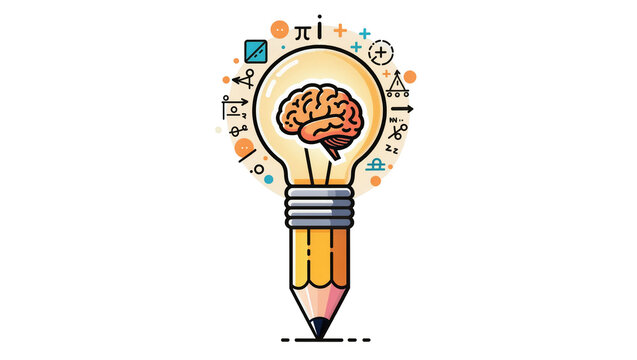 Lightbulb with brain inside on pencil base surrounded by math symbols, isolated on transparent background