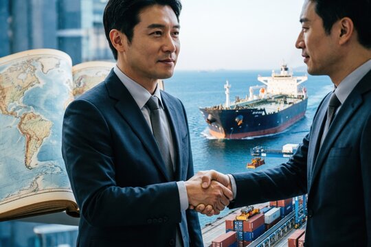 Empresarios asi&aacute;ticos intercambiando un apret&oacute;n de manos lleno de confianza. Las im&aacute;genes combinadas incluyen un atlas mundial detallado en el puerto