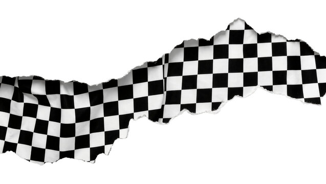 Torn checkered racing flag fabric with frayed edges, isolated on transparent background