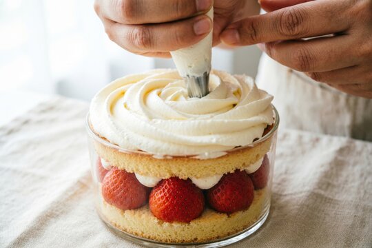 Manos escudillando rosetas de nata montada sobre un pastel de fresas en una copa de cristal. El montaje de un dulce cl&aacute;sico estadounidense