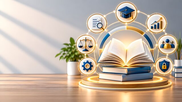 Educational technology virtual learning concept featuring open book with digital icons for academic research compliance law and business strategy