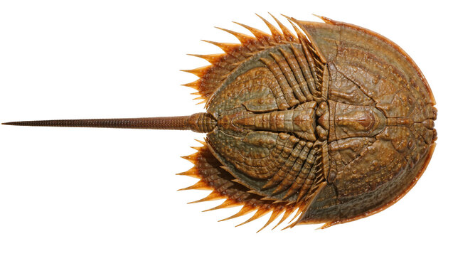 Detailed view of a horseshoe crab s segmented carapace and tail, isolated on transparent background