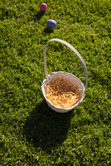 White wicker basket is sitting on green grass with shredded straw and pink and purple eggs © WavebreakMediaMicro