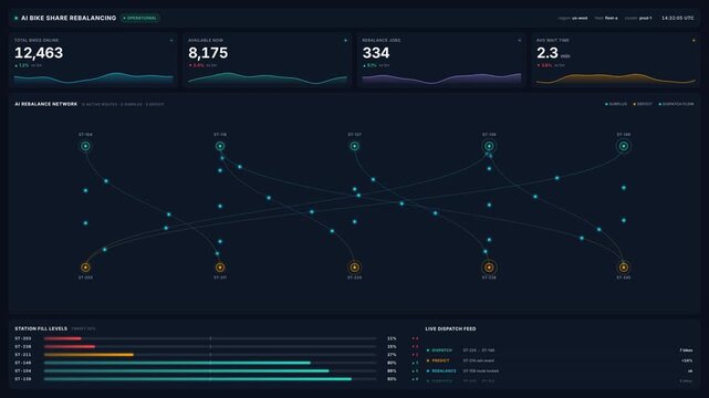 Futuristic dashboard interface for real time bike share rebalancing metrics network data in 4k
