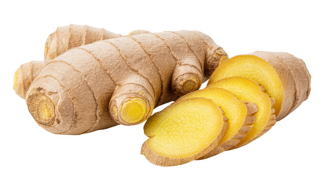 Whole and sliced fresh ginger root, isolated on transparent background
