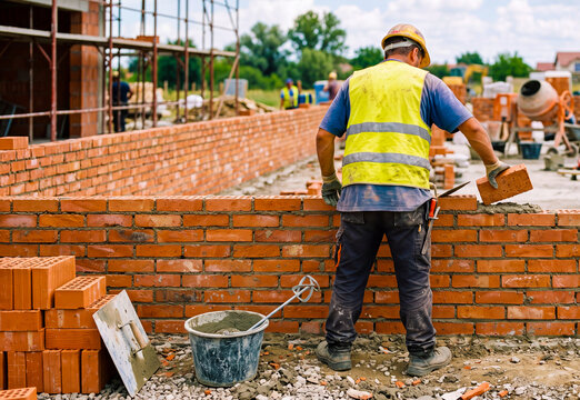 Construction Worker Building a Red Brick Wall at a Development Site. Professional bricklayer laying clay bricks on a construction site