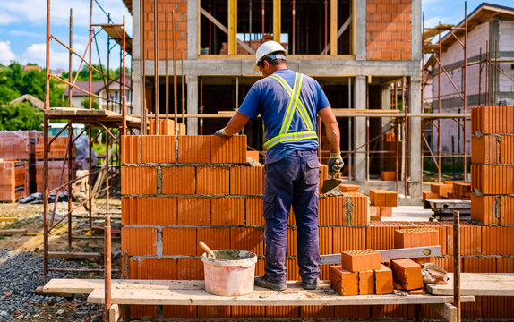 Construction Worker Laying Clay Bricks on a Building Site. Professional Mason Building a Structural Wall with Hollow Clay Blocks. Bricklayer Working on Scaffold at a Residential Construction Site