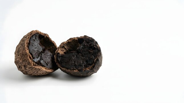 Split kluwek nut showing dark brown flesh inside a rough shell on a clean white background.
