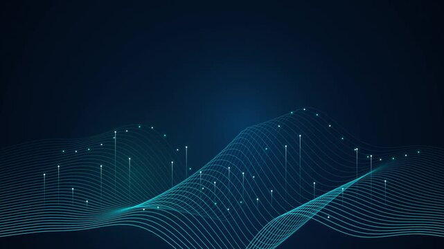 Abstract data wave visualization with flowing blue lines and glowing nodes on a dark background flow technology network dynamic particle flow technology network dynamic particle