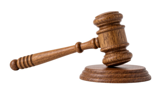 Wooden gavel resting on sound block, isolated on transparent background