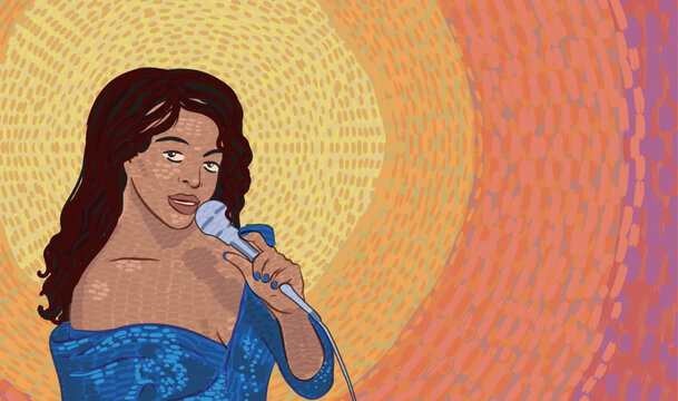 A Black woman with long, wavy brown hair, wearing a vibrant blue dress, singing against a background composed of arcs and concentric circles formed by small, colored dashes. 