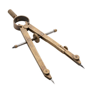 Vintage brass drafting compass isolated on a transparent background