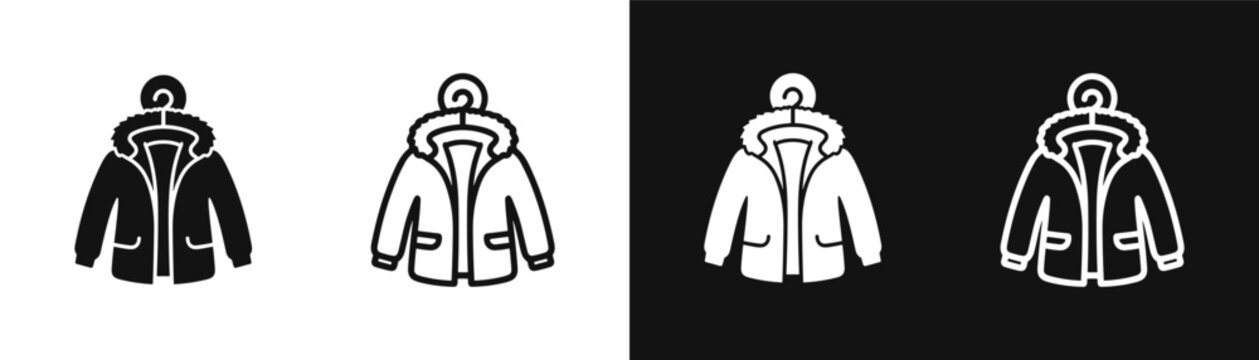 Warm winter parka jacket with fur hood icon vector set isolated