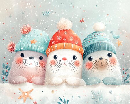 Cute winter seals wearing colorful hats.