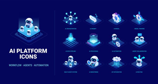AI agents and platform technology icon set for enterprise workflow automation diagram - orchestration, prompting, ai model training data pipeline, automation, monitoring- high quality isometric vector