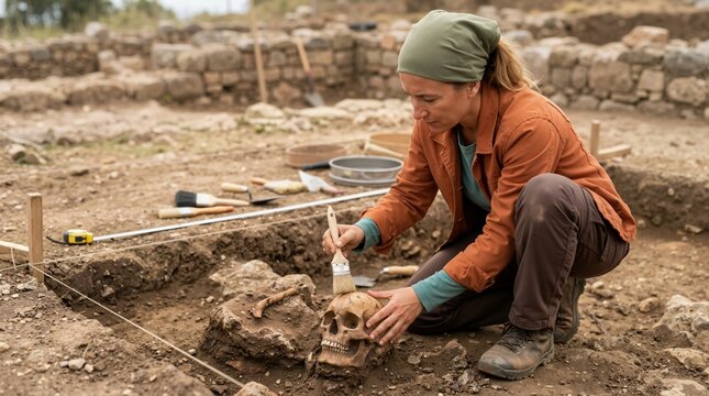 Archaeologist cleaning ancient skull with brush at excavation site. Female scientist uncovering human remains during archaeological dig. Anthropology and historical discovery concept